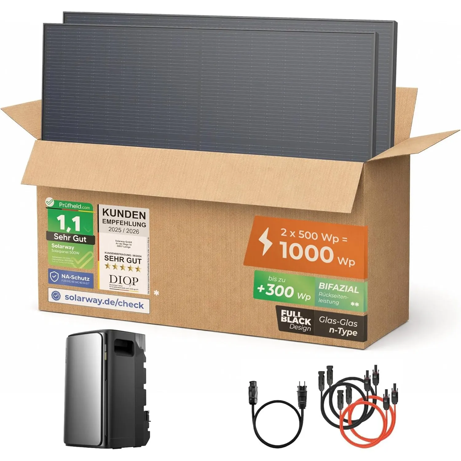 Solarway® 1000Wp / 800W Balkonkraftwerk mit 1,9kWh Speicher komplett Steckdose - 1,9 kWh EcoFlow Stream Max - Solaranla…