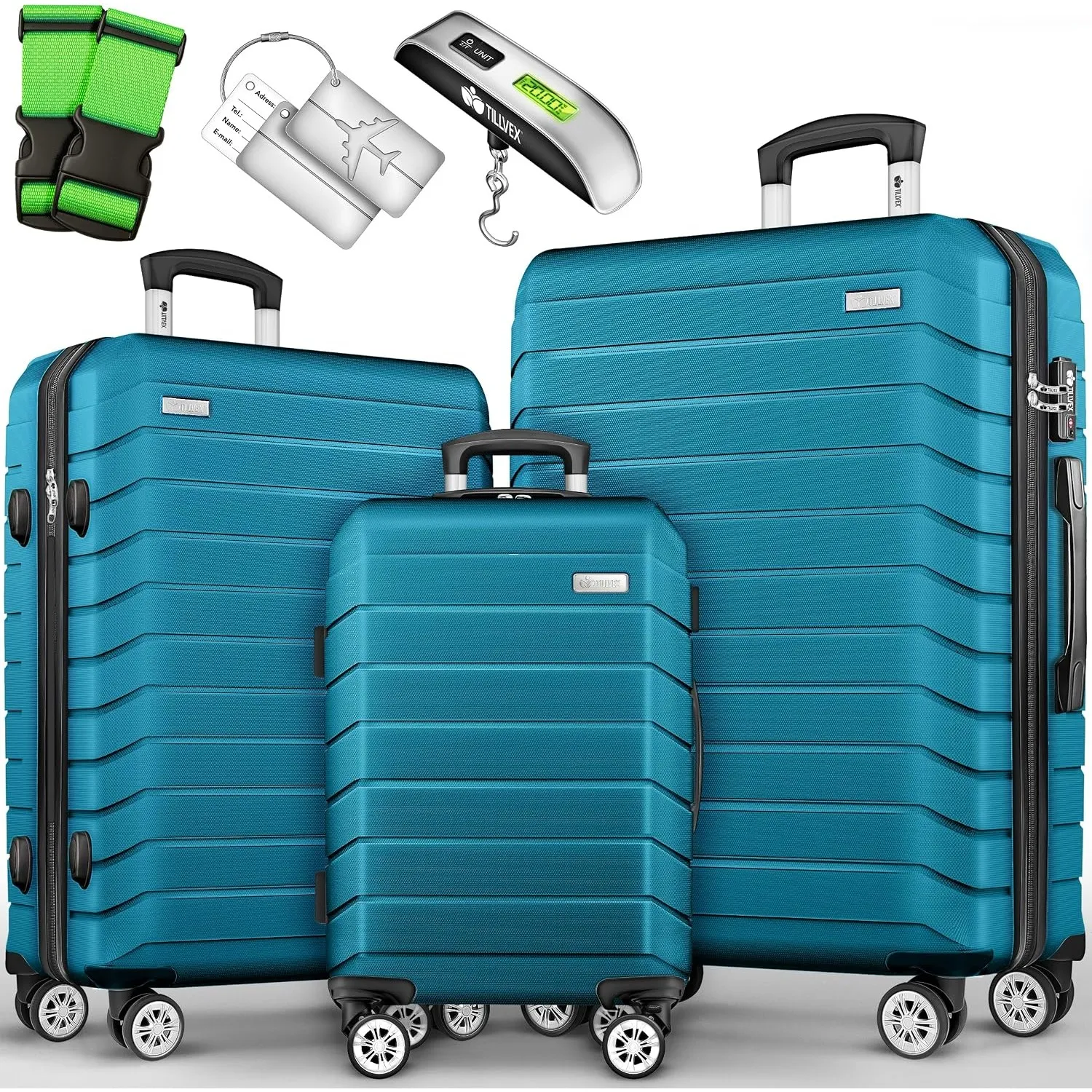 tillvex® Kofferset 3-teilig + Gepäckwaage, 2X Koffergurte & 3X Anhänger