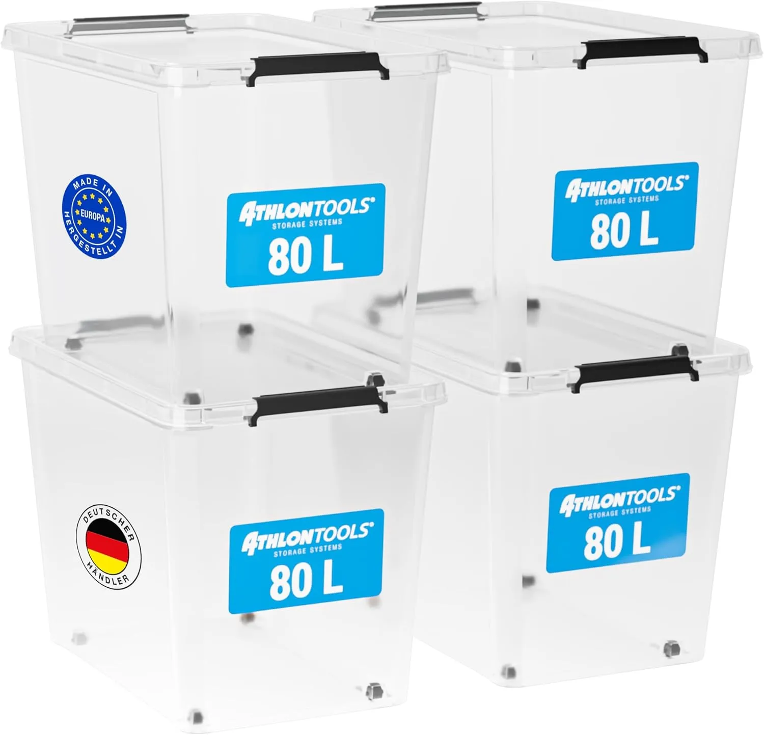 ATHLON TOOLS 4er Set 80l Aufbewahrungsboxen mit Deckel - BPA-freie & lebensmittelechte Aufbewahrungsbox mit Verschlussc…