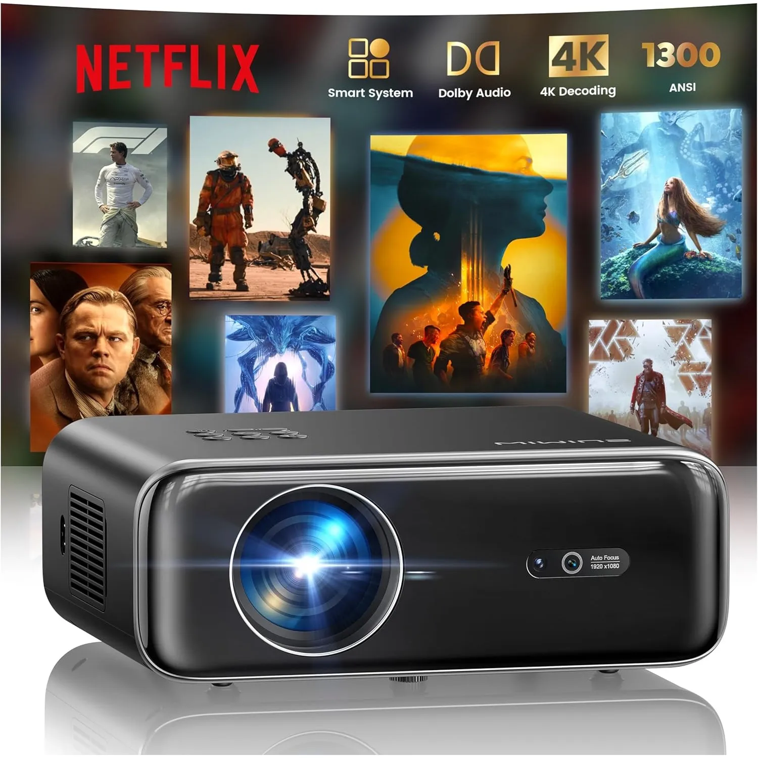 Smart Beamer, jetzt mit Netflix, Dolby Audio, WiMiUS 1300 ANSI Autofokus/6D Trapezkorrektur Led Beamer 4K Heimkino Unte…