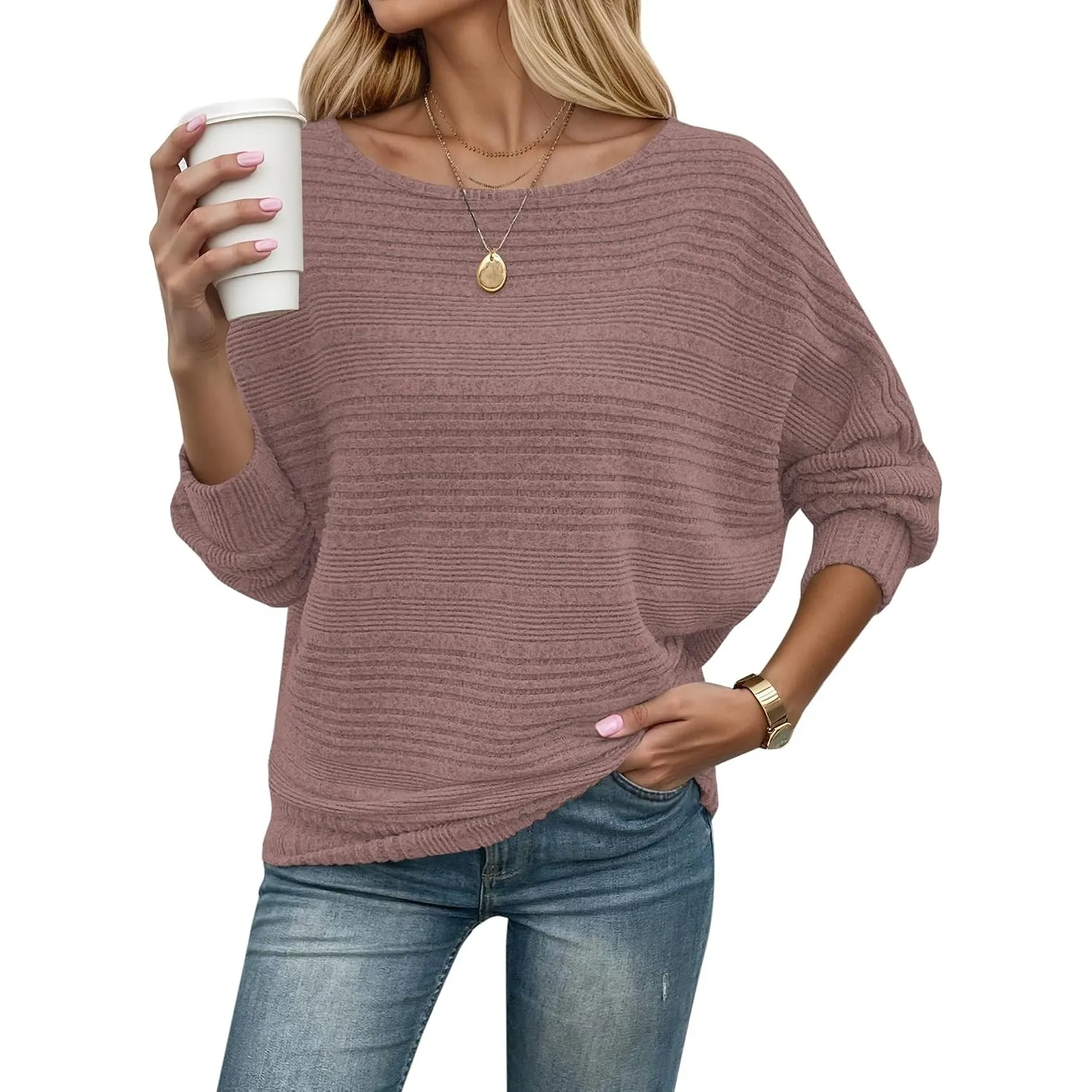 WNEEDU Pullover Damen Herbst Elegant Dünne Fledermausärmel Strickpullover