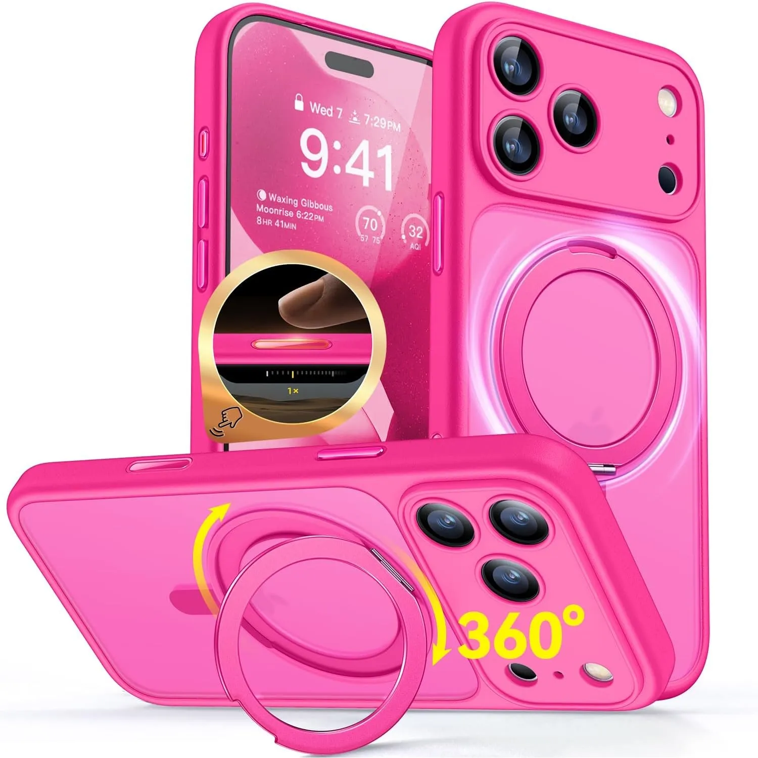 CANSHN 360° Ständer für iPhone 17 Pro Max Hülle, Matt Leuchtend Rosa | Kamera Steuertaste Vollkameraschutz Kompatibel m…