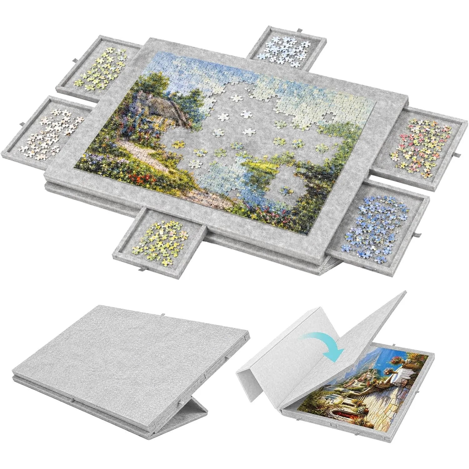 Puzzle-Aufbewahrungsbrett mit 6 Schubladen – Neigbare Puzzle-Platte aus Filz für bis zu 1000 Teile – 2-in-1 Puzzletisch…