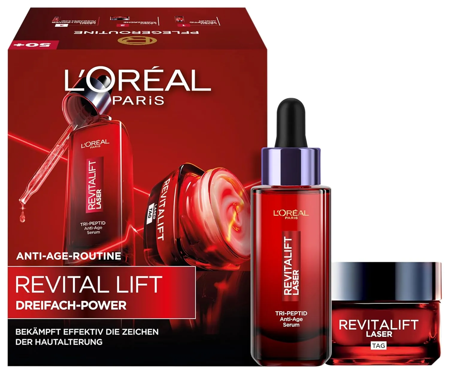 L'Oréal Paris Dreifach-Power Anti-Aging Set, Serum 30 ml und Tagescreme 50 ml, mit 3-fach Wirkung, gegen Falten, mit Pr…