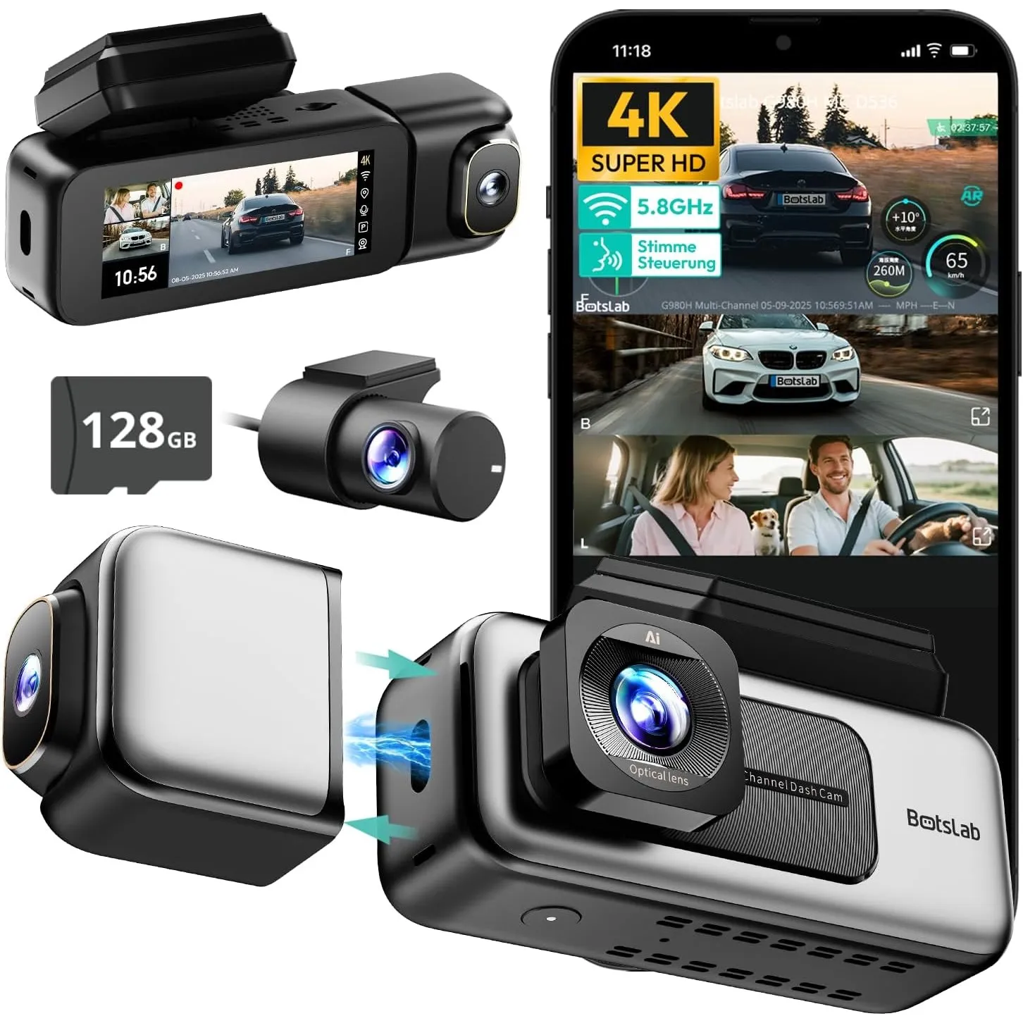 BOTSLAB 3-Kanal Dashcam Auto Vorne Hinten Innen, 4K+1080P*2,mit 128GB Karte