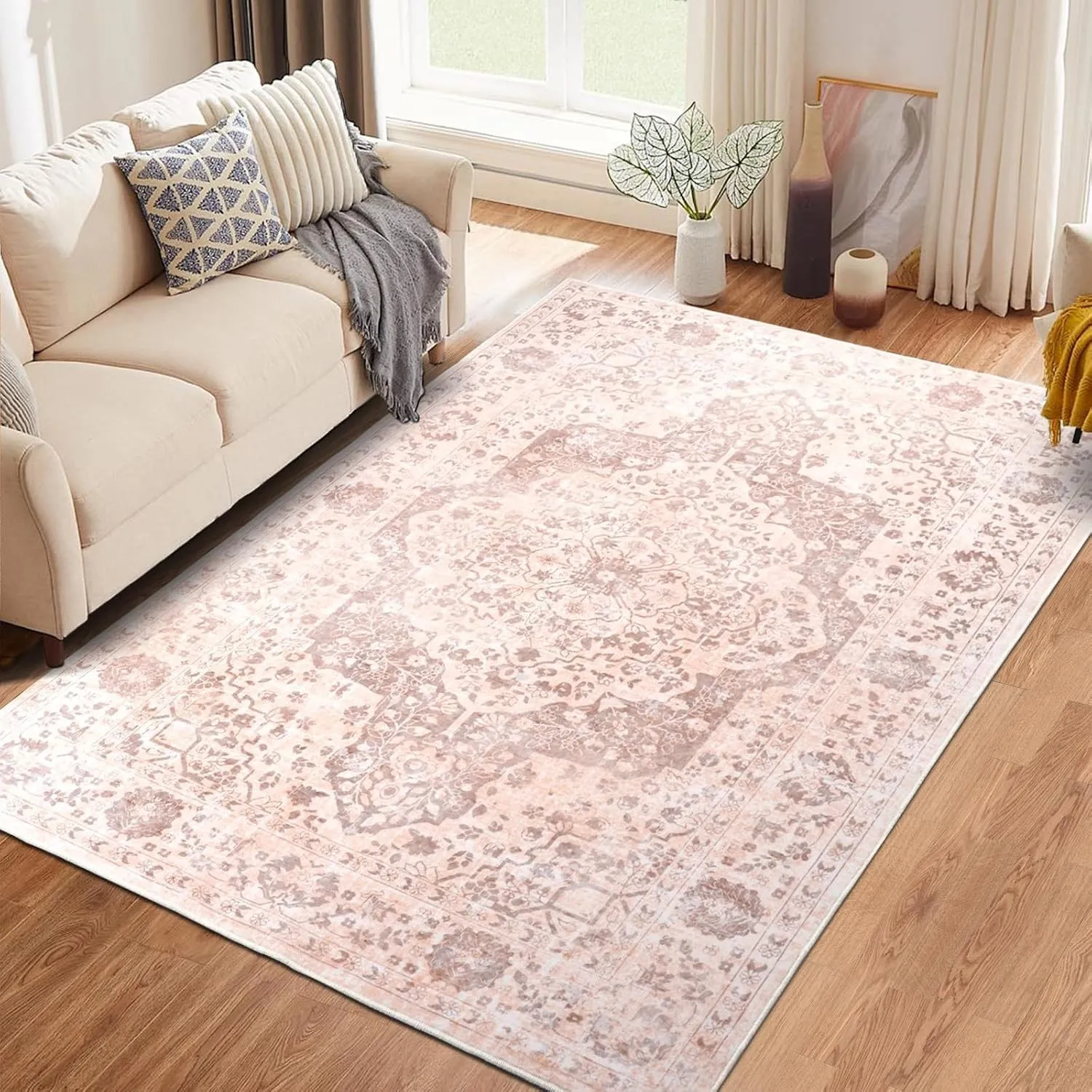 Vintage Teppich Wohnzimmer 160x230cm, Waschbarer Teppich Schlafzimmer, Boho Kurzflor Esszimmer Teppiche, Weich rutschfe…