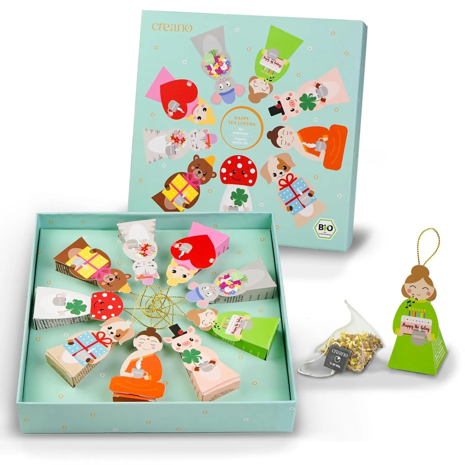 Creano Bio Kräutertee Geschenkset „Tea Lovers“ - 9 Pyramiden-Teebeutel in 9 niedlichen Figuren zum Verschenken - 22,5g …