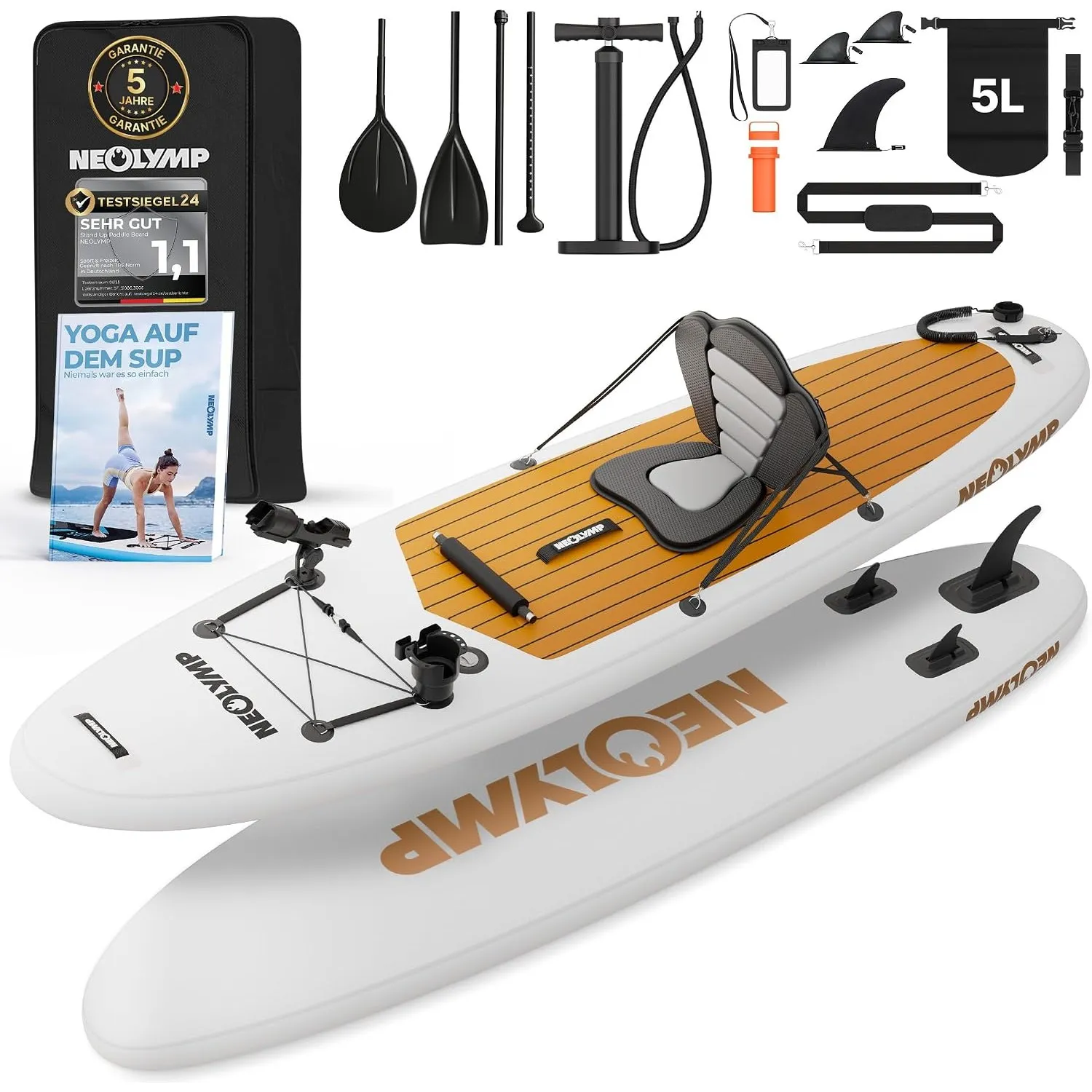 NEOLYMP Aufblasbares Stand Up Paddle Board 315 cm – SUP Komplett-Set 13-TLG. inkl. Kajaksitz, E-Book, Pumpe & Rucksack …