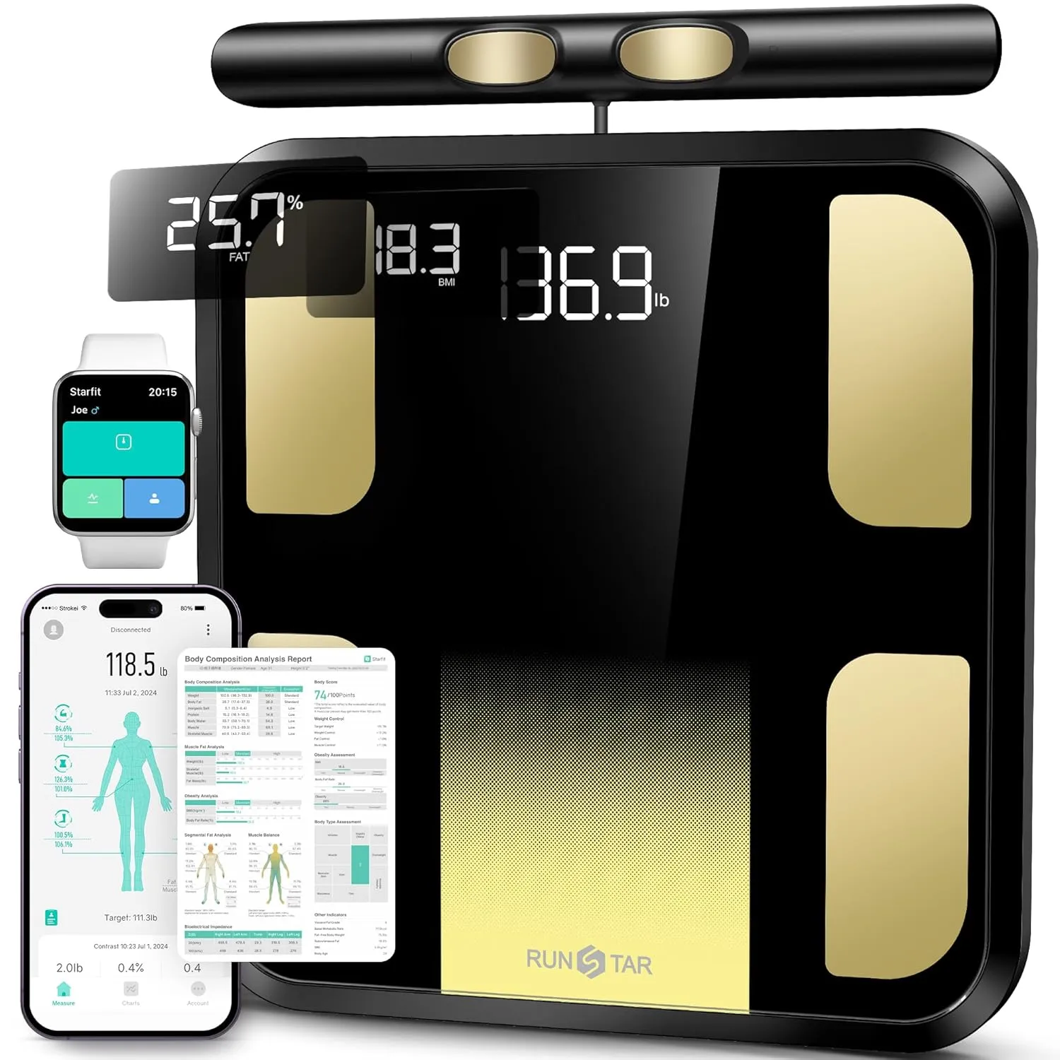 RunSTAR Körperfettwaage, Personenwaage digital mit 8 Elektroden für Körpergewicht und Körperfett, BMI, Muskelmasse und …