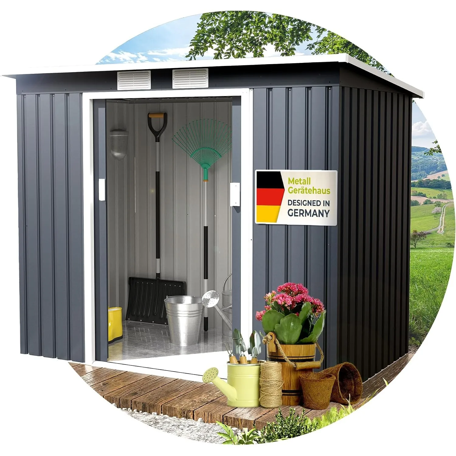 Athelon Geräteschuppen | Gartenhaus mit Doppelschiebetüren | Metall-Gerätehaus, Gartenschuppen 213×130×173 cm | Geräteh…