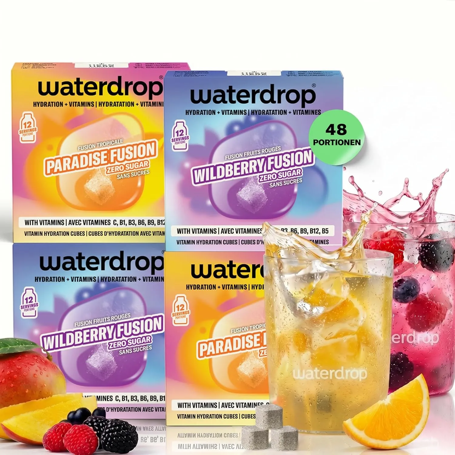 waterdrop® Mango & Beeren Fusion – 48 Waterdrop Würfel - Paradise & Wildberry Fusion – Zuckerfreier Durstlöscher & Alte…