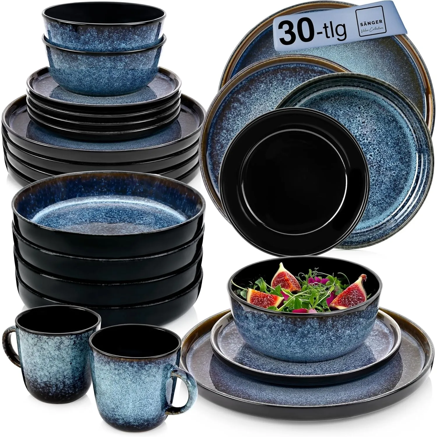 SÄNGER Osaka Steingut Geschirrset 6 Personen, Teller Set 30-tlg Blau | Handmade Geschirr Set, Kombiservice: Teller, Kaf…