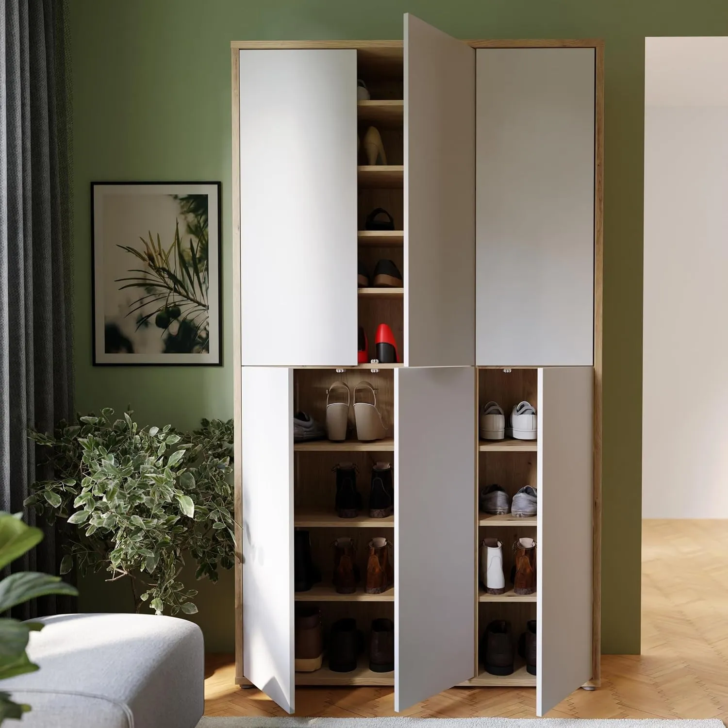 Forte Alice Springs Schuhschrank 100 110, Schrank mit 6 Türen, 15 Einlegeböden, Holzwerkstoff, Grau mit Artisan Eiche H…