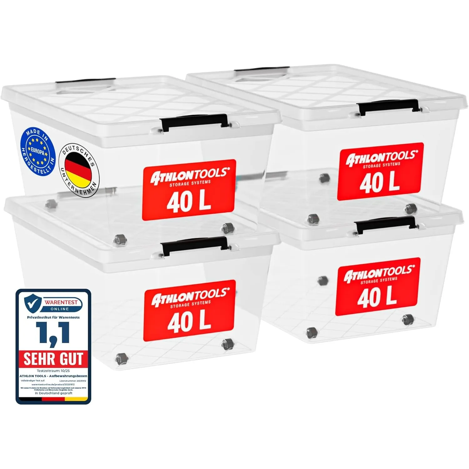 ATHLON TOOLS 4x 40 L Aufbewahrungsboxen mit Deckel, lebensmittelecht