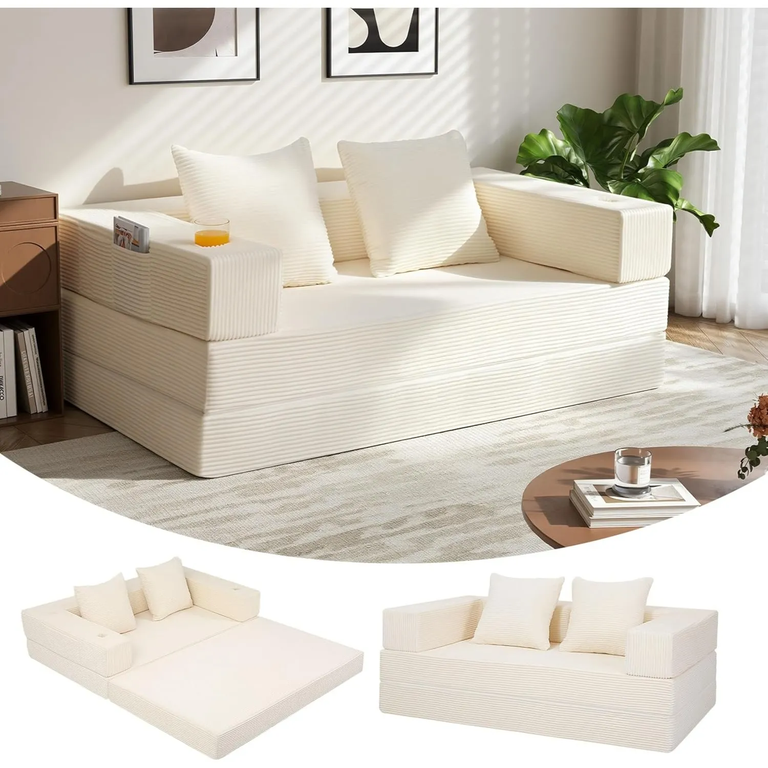 MeMoreCool Schlafsofa 4-in-1 mit Armlehnen, Klappbares Bodensofa, Beige
