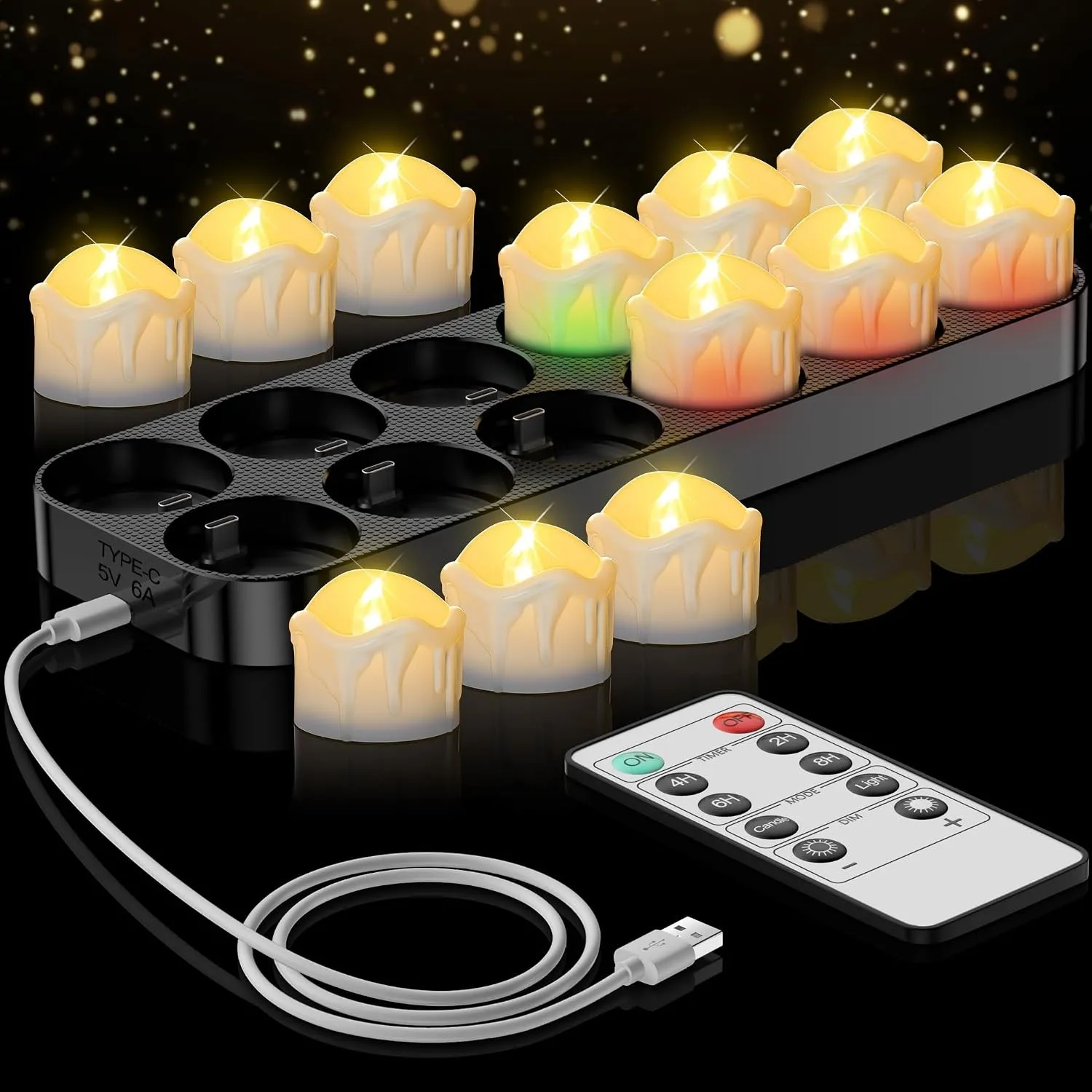 daphomeu Aufladbare LED Teelichter mit Fernbedienung, 12er Set Timerfunktion und Ladestation - Flackernde Elektrische K…