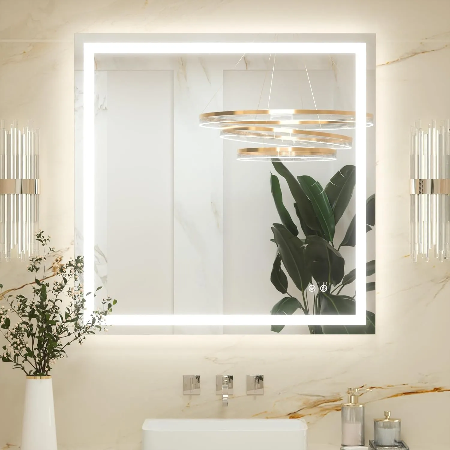 Keonjinn Badspiegel mit Beleuchtung 90x90cm, Badezimmerspiegel Beleuchtet Beschlagfrei Led Bad Spiegel mit Touch Schalt…
