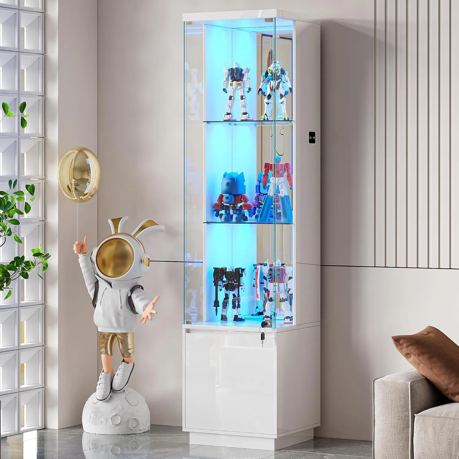 Glasvitrine mit LED Beleuchtung und Schubladen für Sammlerstücke,Weiß
