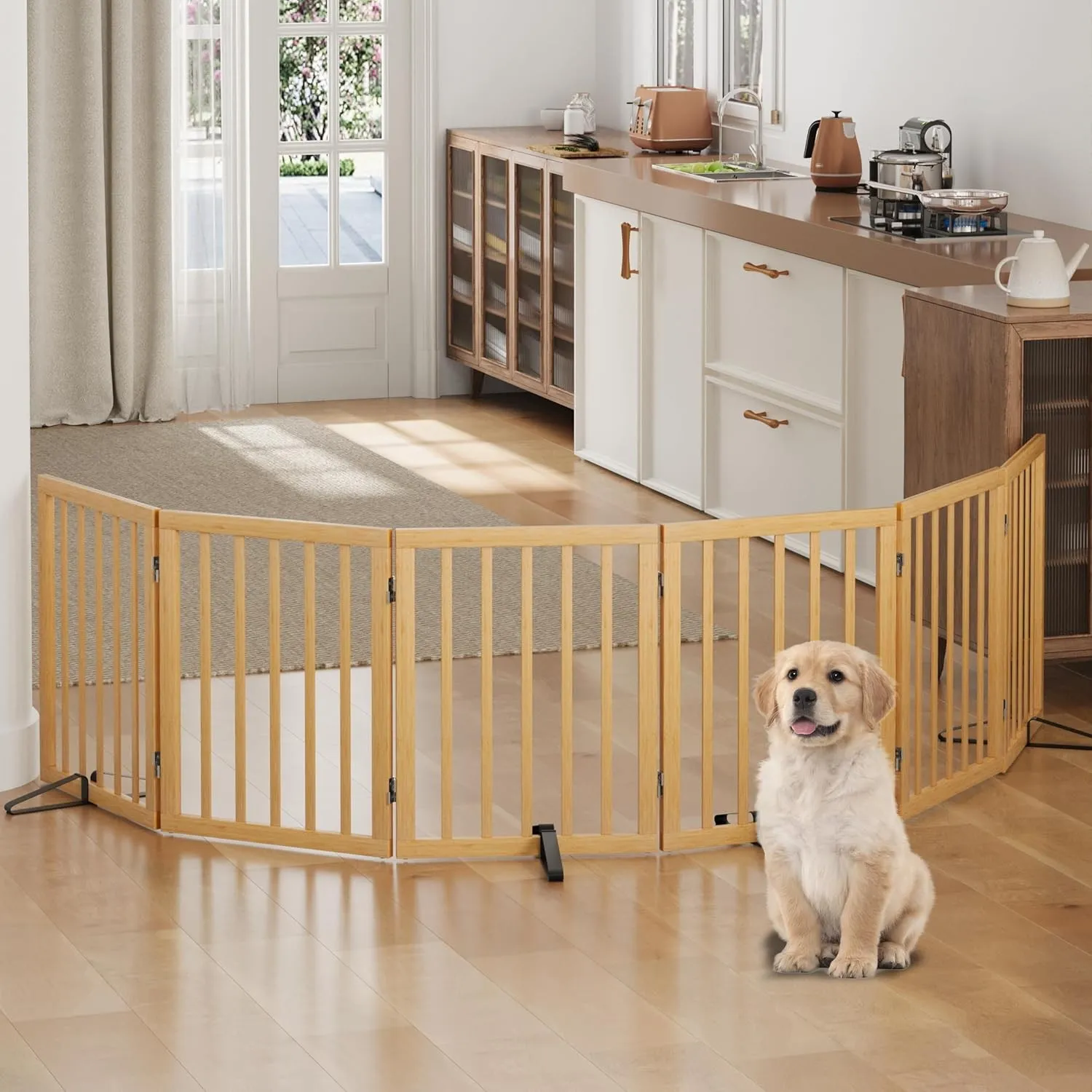 Hundegitter für Türöffnungen, Faltbares Hundegitter für den Innenbereich, Haustiergitter 6 Paneele (Natur)