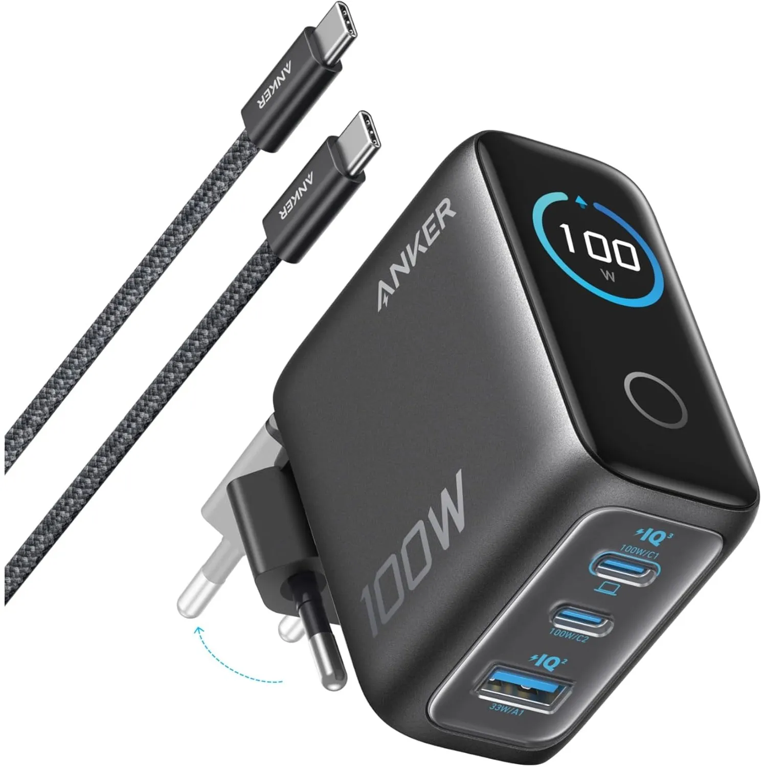 Anker 100W USB C Ladegerät, Smart Ladegerät, kompaktes 3-Port GaN Netzteil