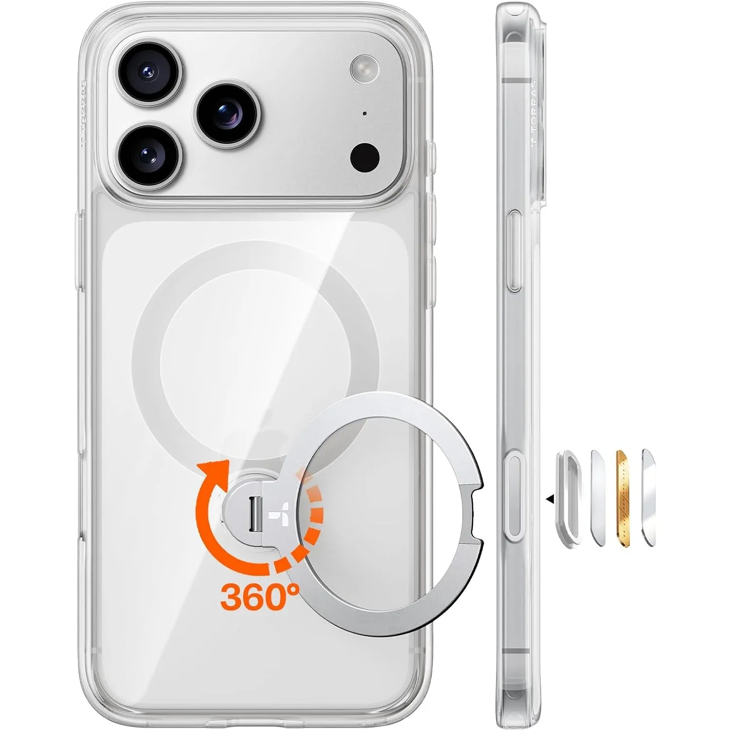 TORRAS Ostand Q3 Spin für iPhone 17 Pro Hülle mit 360° Ständer Transparent