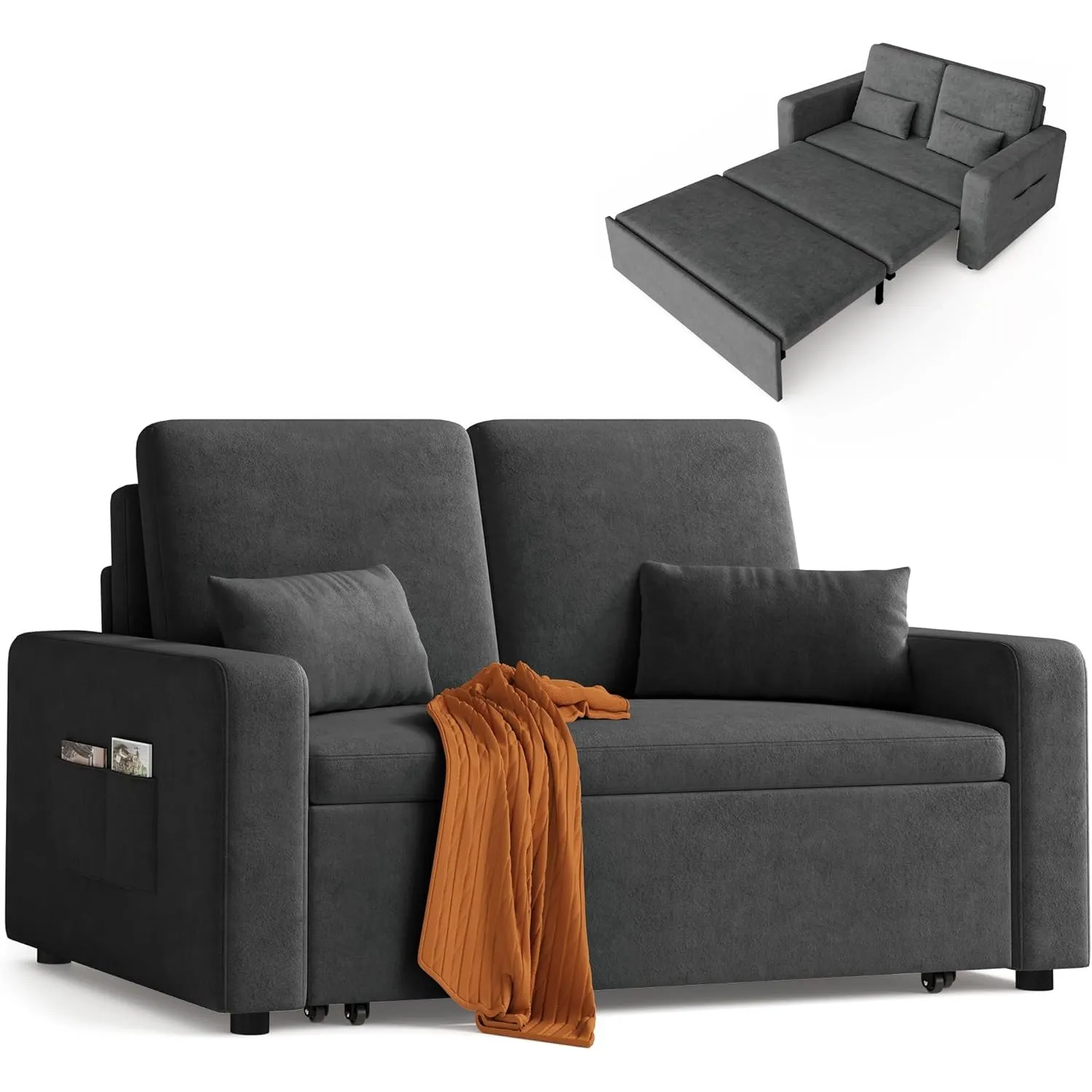 Xbro Sofa mit Schlaffunktion 147x196x87 cm, Schlafsofa 2-Sitzer Ausziehbar mit 4 Rollen, Modernes Veloursstoff Sofabett…