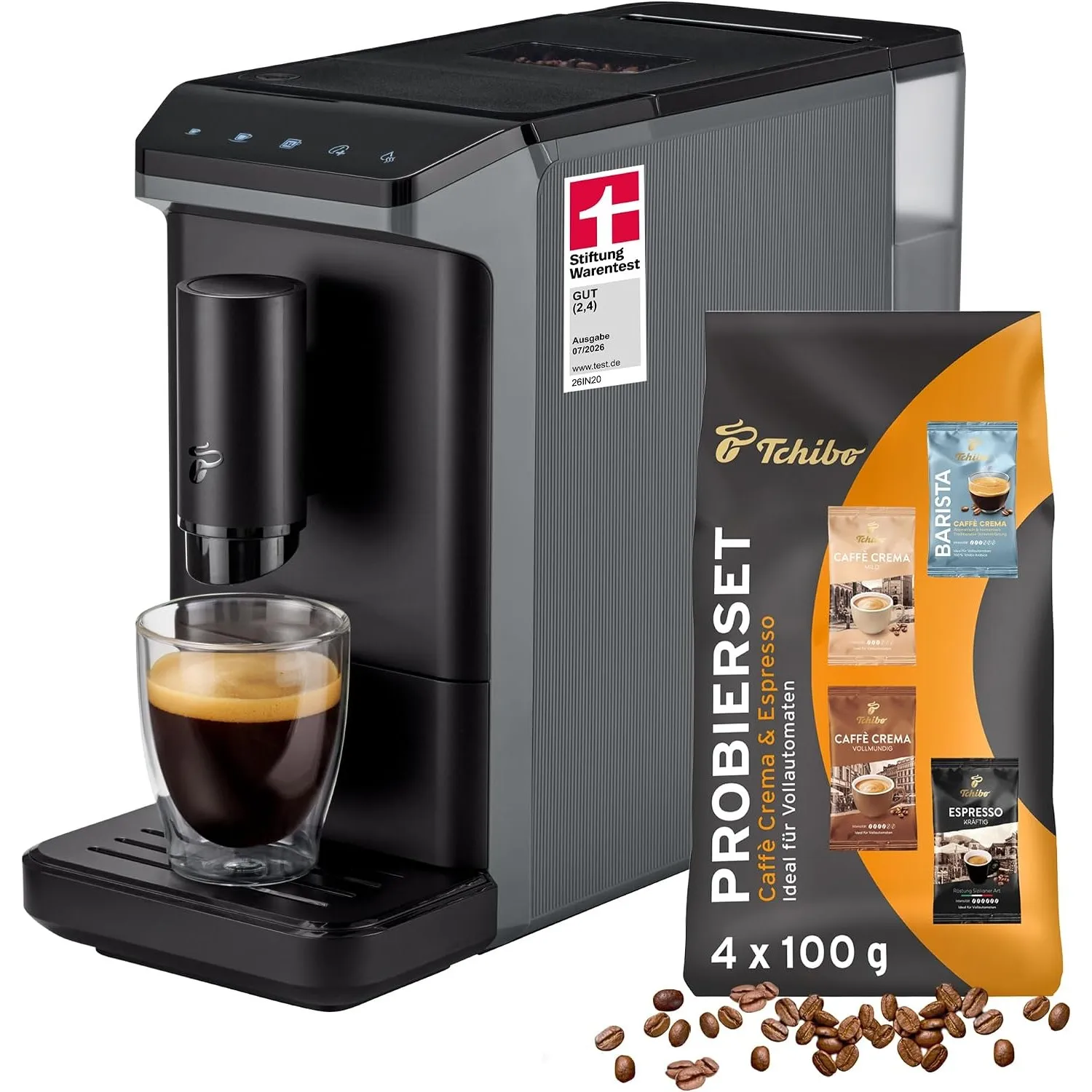 Tchibo Kaffeevollautomat Esperto mini, Grau, Kaffeeprobierset gratis