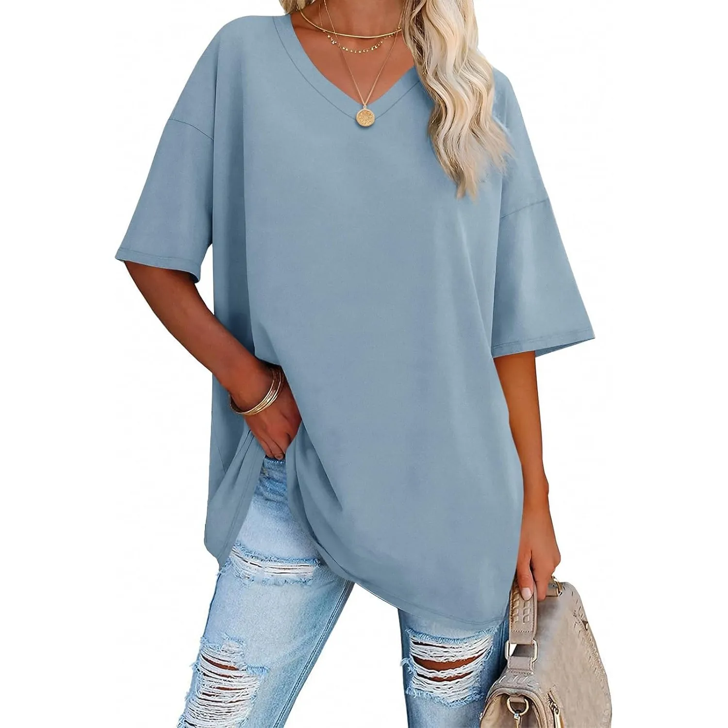 Ebifin Damen T Shirt Oversize Oberteile V-Ausschnitt