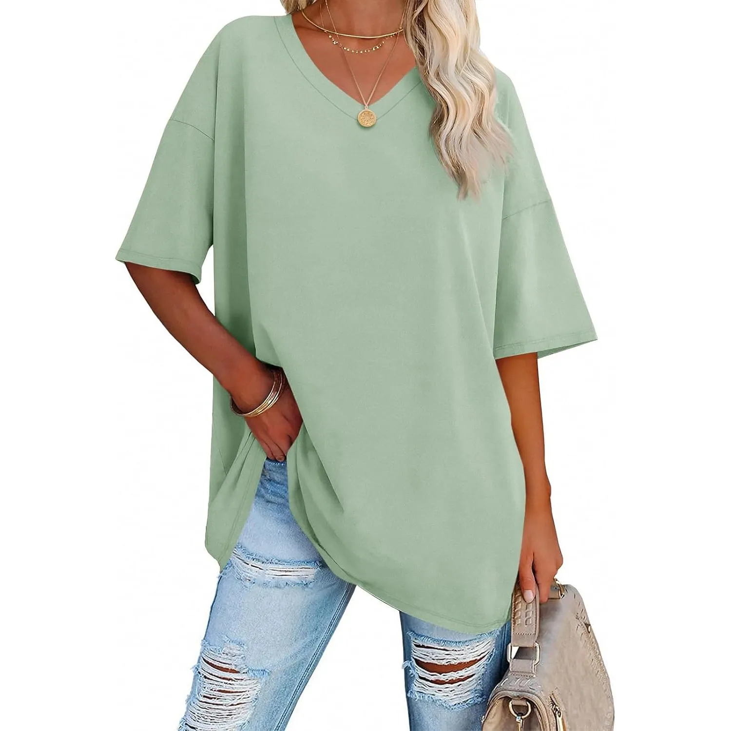 Ebifin Damen Oversize T Shirt mit V-Ausschnitt Kurzärmeliges Casual Lockere Basic Sommer Tee Shirts Bluse.