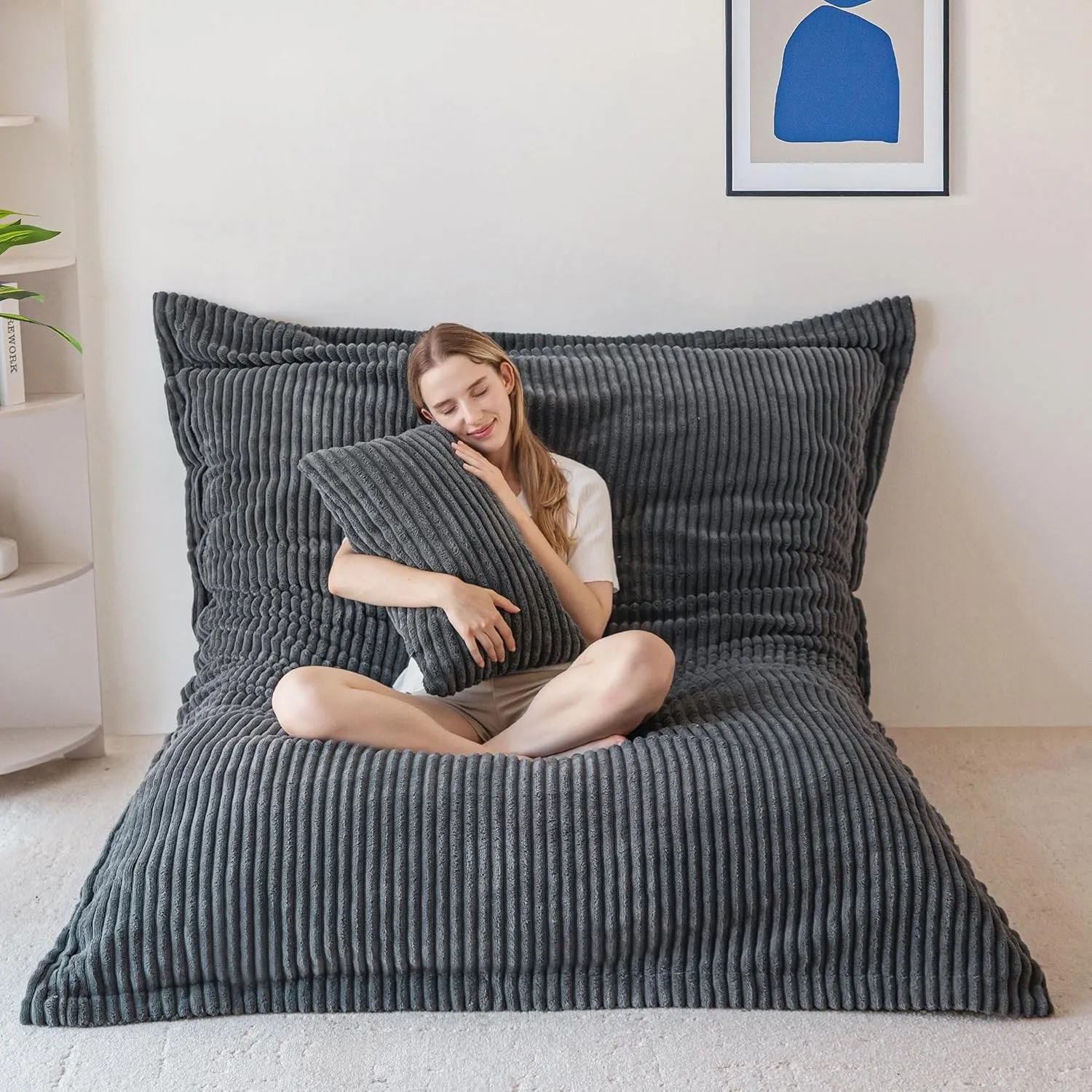 MAXYOYO Sitzsack, Riesen Bean Bag,Cordstoff Abnehmbar,Grau,150 * 203 * 25 | Großes Bodenkissen für Erwachsene&Kinder, C…