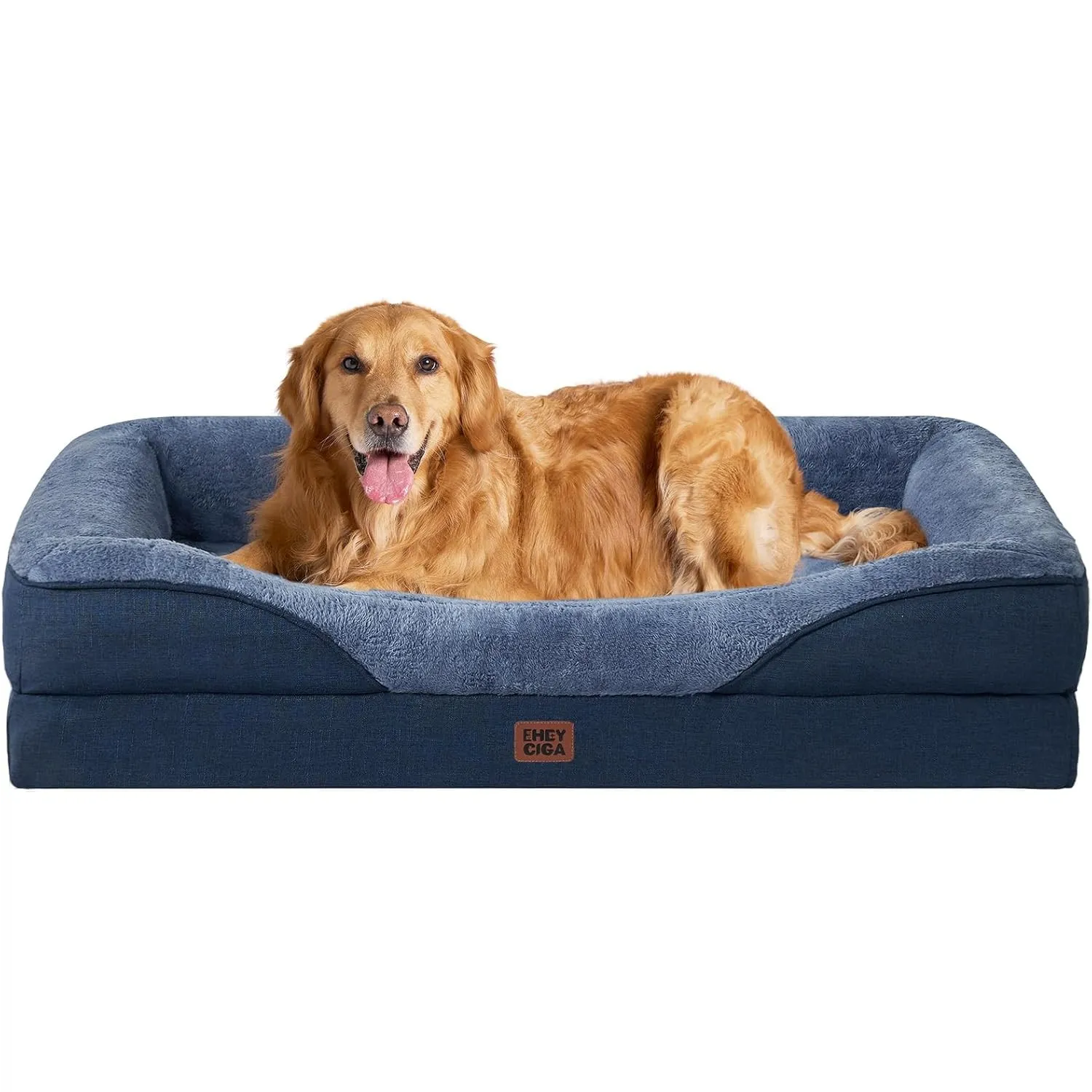 EHEYCIGA Orthopädisches Hundebett mit 4 Rändern, 106.5x76cm, Marineblau | Memory Foam, Waschbarer Bezug, Wasserdichte B…