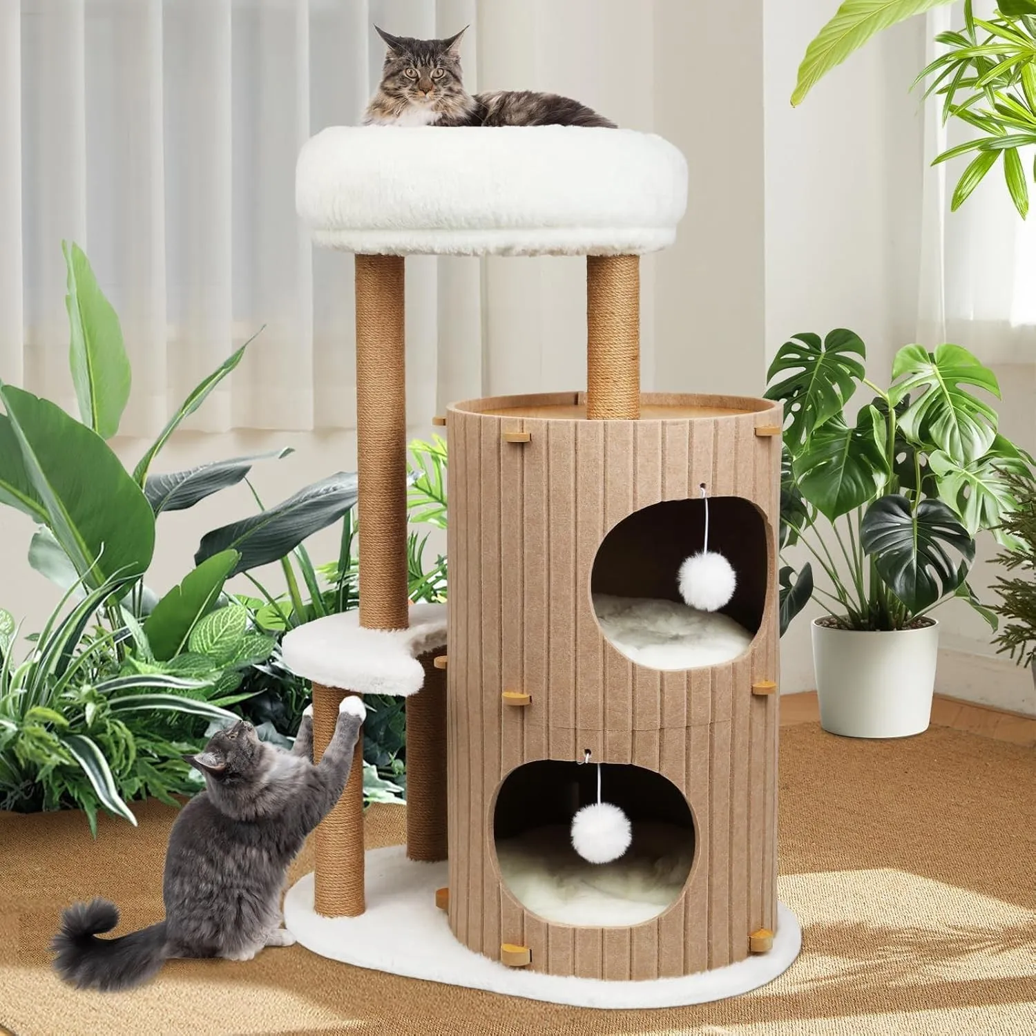 Luxus Kratzbaum mit 2-stöckiger Kratztonne | Katzenbaum mit Katzenschlafhaus, Sisalbrett,abnehmbarem Bett & Spielball |…
