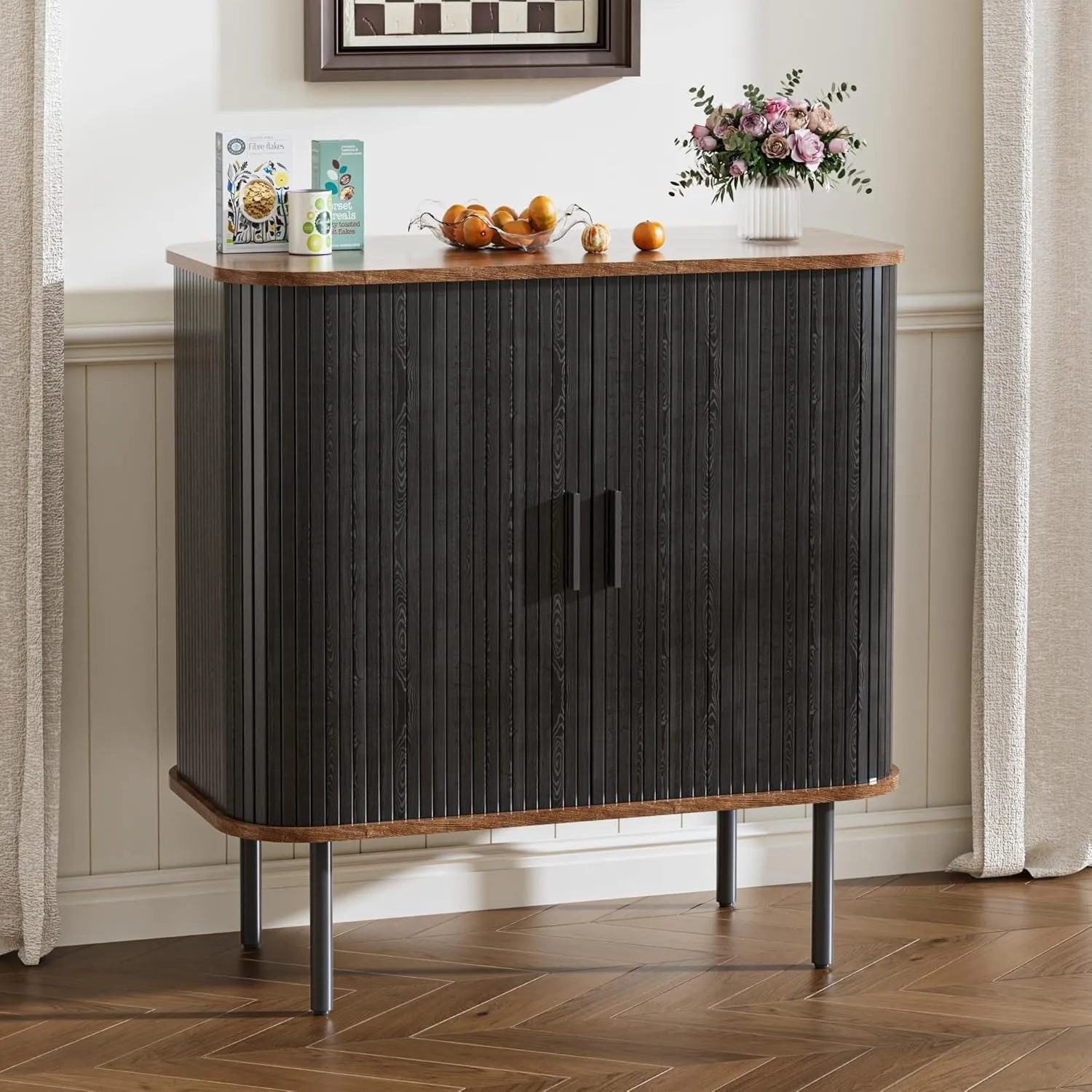 BonVache Sideboard, Buffet-Aufbewahrungsschrank für Wohnzimmer, Küchenschrank mit Tambour Schiebetür, Aufbewahrungseinh…