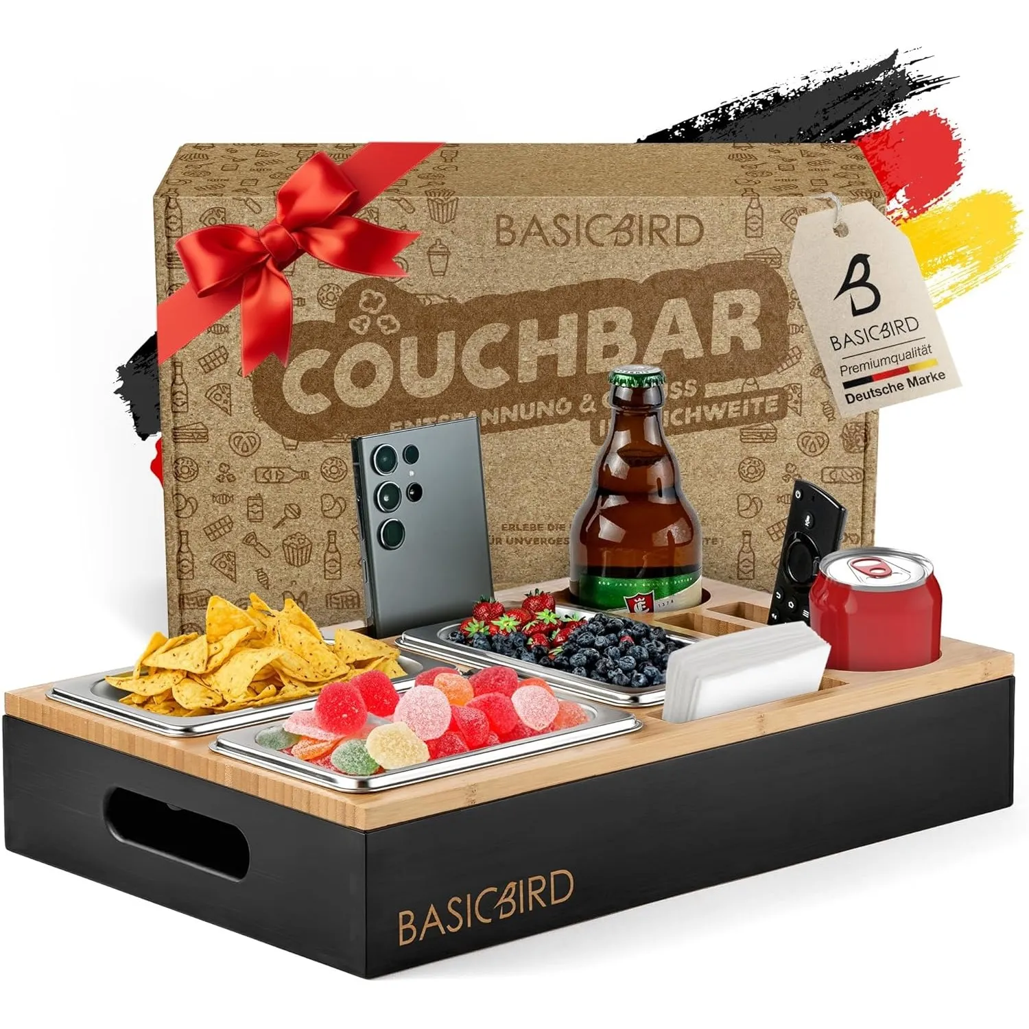 BASICBIRD® Couchbar Snackbox - Organizer Tablett- Snackspender mit 3X Snackschale - Holz Sofatablett für Sofa, Deko, Co…