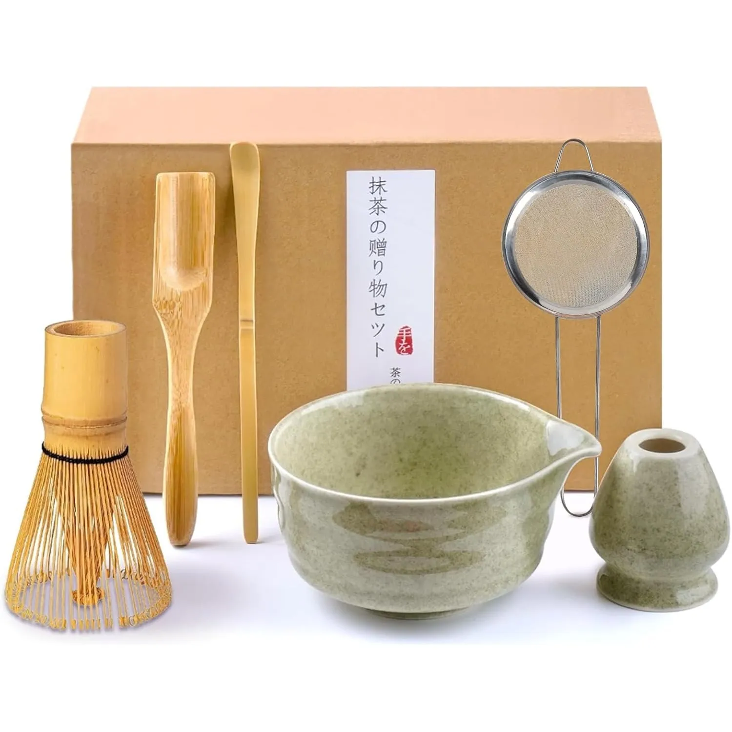 Matcha Set, 6 Stück Matcha Tee Set mit Matcha Besen, Edelstahlsieb, Matcha Schale, 2 Matcha Löffel, Besenhalter aus Ker…