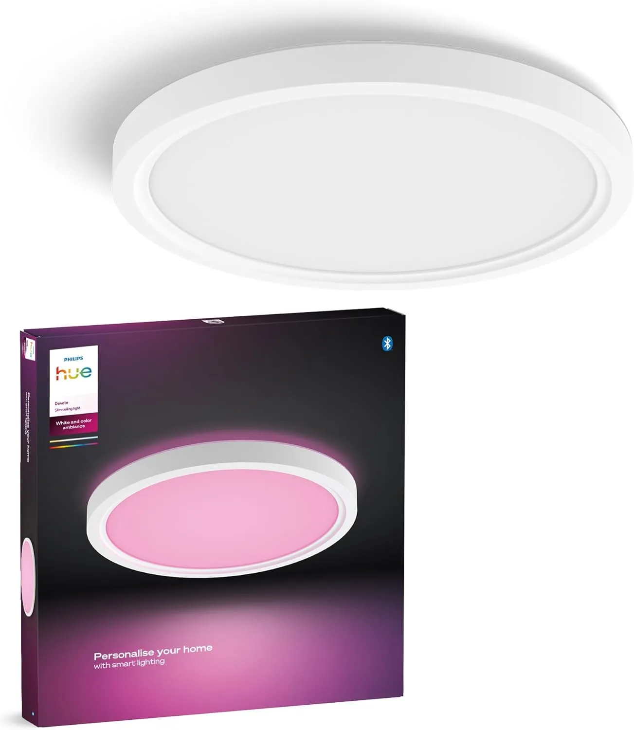 Philips Hue Devote Smart LED-Panel-Licht, weißes und farbiges Ambiente, rund 30 cm, 16,6 W, 2000 Lumen, weißer Rahmen f…