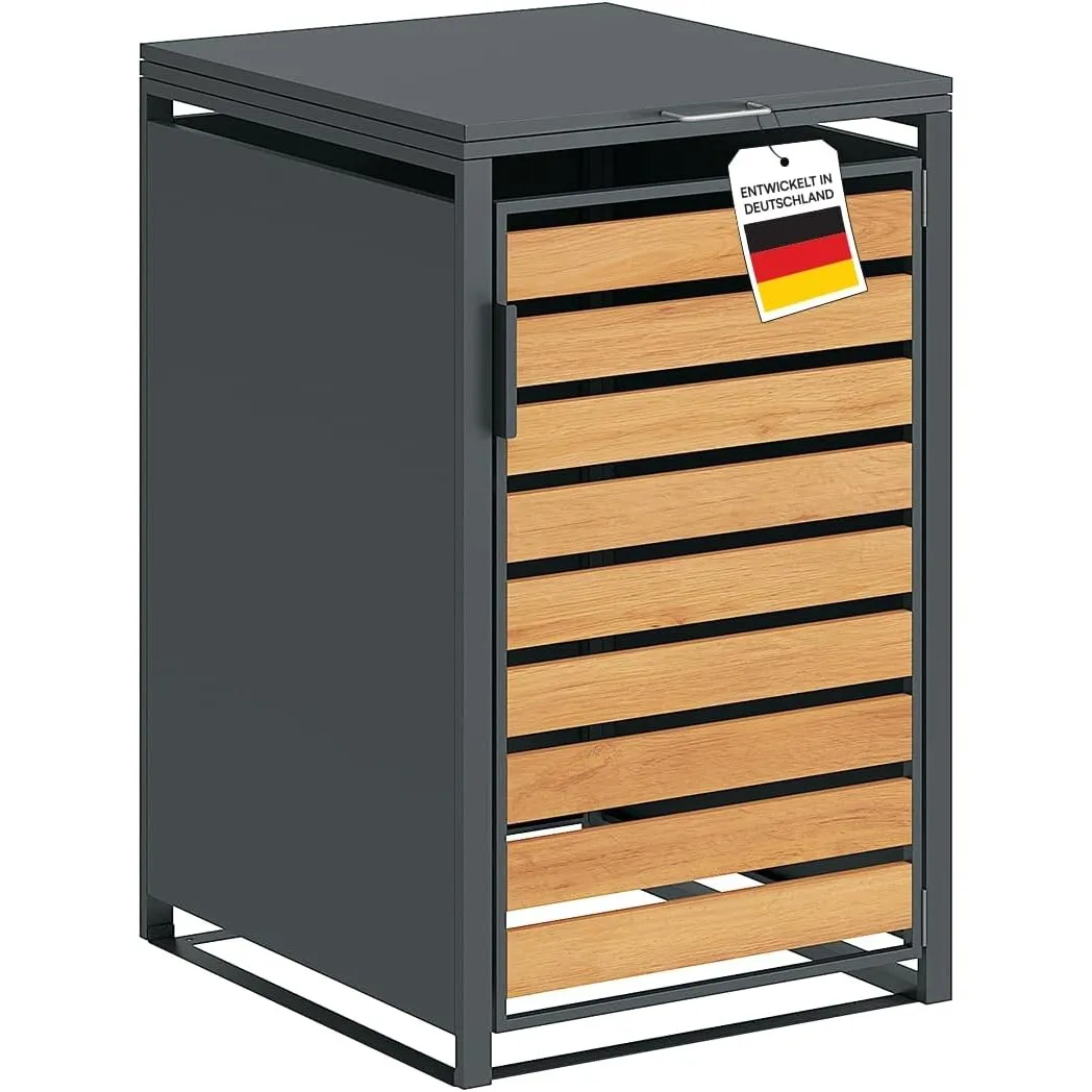 STEELSØN Kestra Mülltonnenbox 1er bis 240L, Anthrazit, Holzoptik, Stahl | Mülltonnenverkleidung mit Sichtstreifen, hoch…