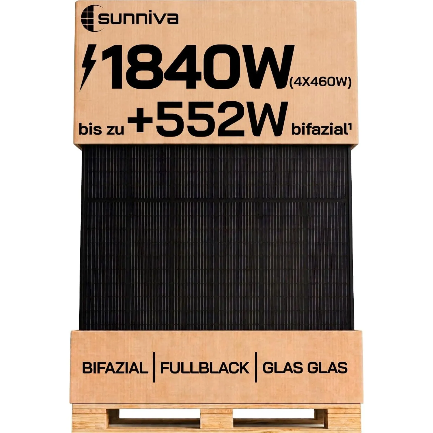 SUNNIVA® Solarpanel, 4x 460 W, FULL BLACK, Bifazial, Glas-Glas, N-Type Solarmodul, PV Module Solarpanel, PMax 1840W (4x…