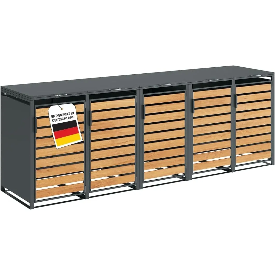 STEELSØN Kestra Mülltonnenbox 5er bis 240L, Anthrazit, Holzoptik, Stahl | Mülltonnenverkleidung mit Sichtstreifen, hoch…