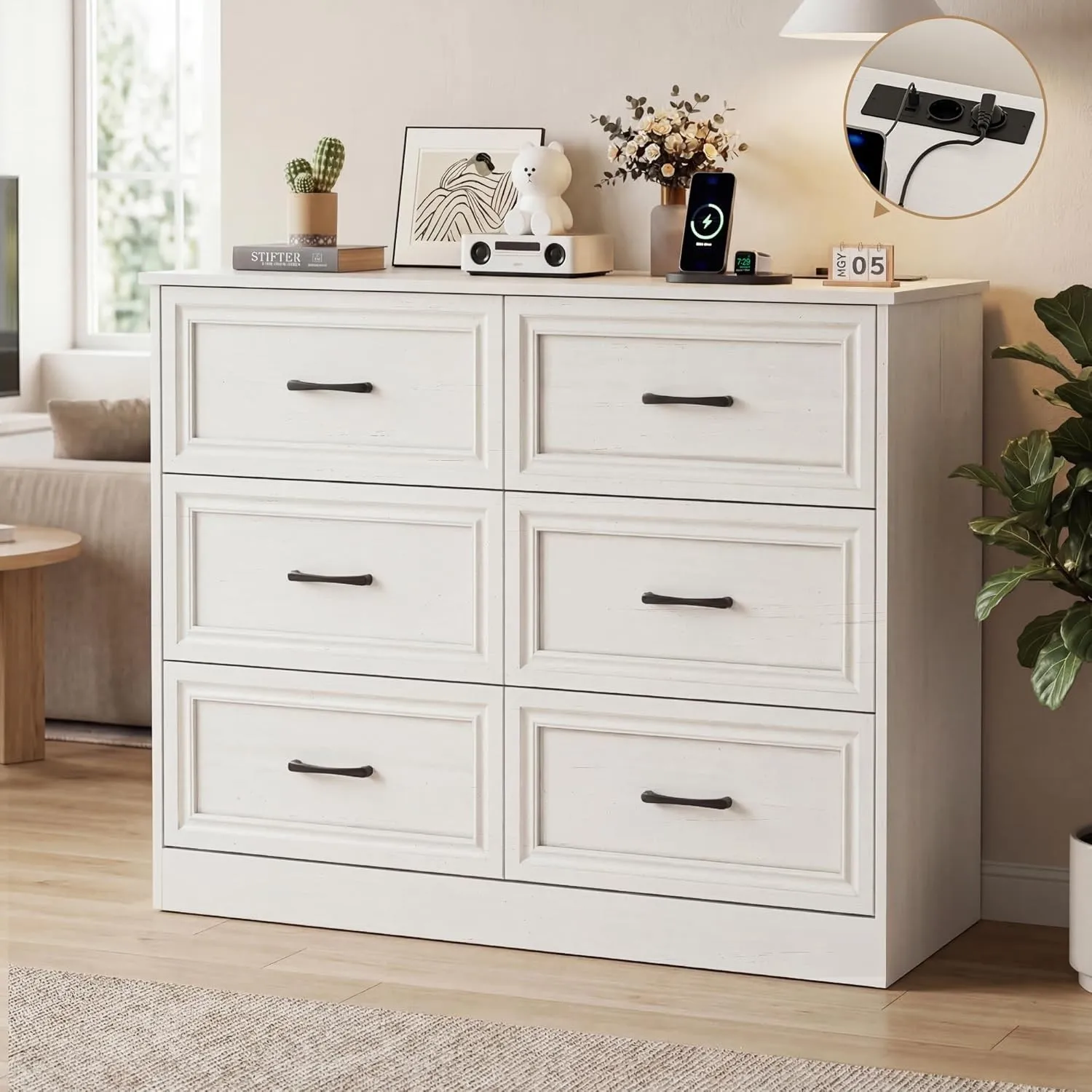 BonVache Kommode mit Steckdosen, Komode mit 6 schubladen, 2 USB & 2 AC-Anschlüssen, Komodenschrank Holz, für Schlafzimm…