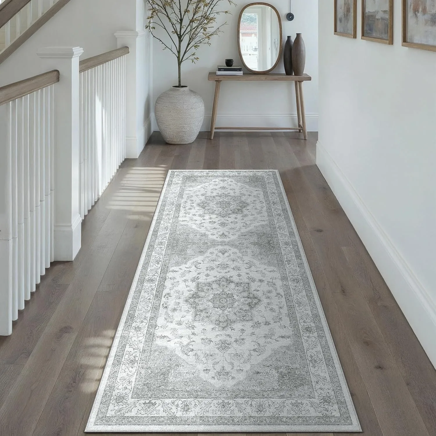 PureCozy Vintage Grauer Teppich Läufer Flur 60x180cm Waschbar