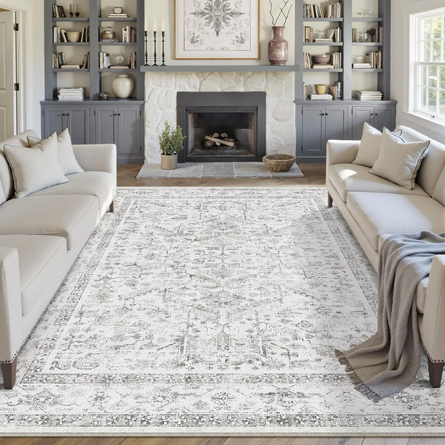 PureCozy Vintage Grauer Teppich Wohnzimmer 200x300cm Waschbar