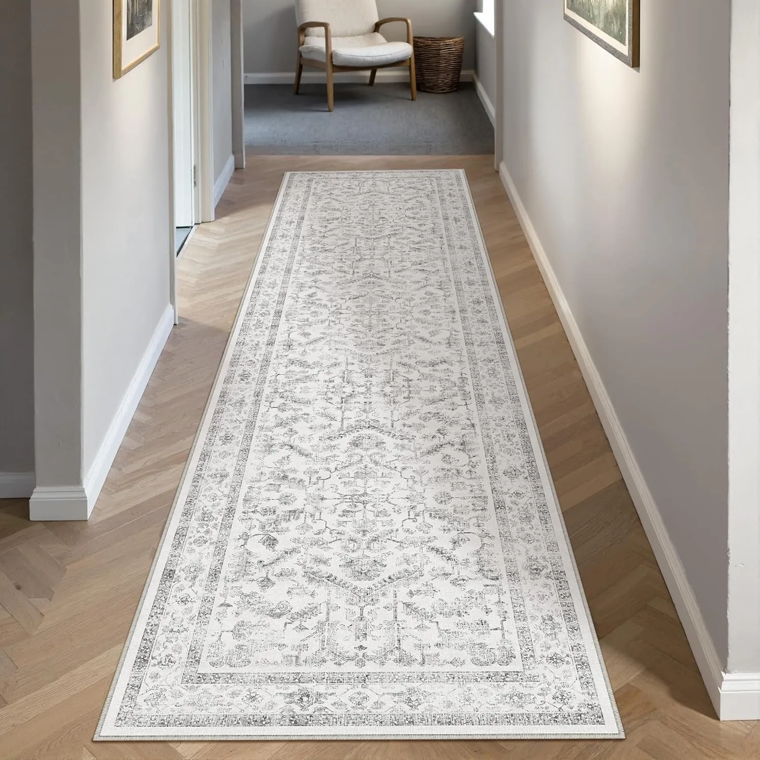 PureCozy Vintage Grauer Teppich Läufer Flur 60x240cm Waschbar | Waschbarer Teppich, Weich Rutschfest, Kurzflor Boho, fü…