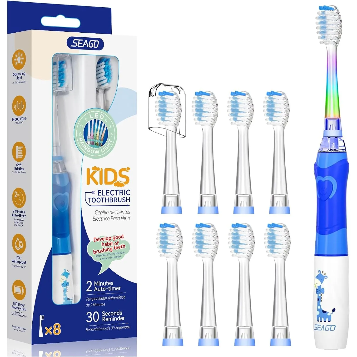 Seago Elektrische Zahnbürste Kinder ab 3-12 jahre Kinderzahnbürsten Elektrisch mit Farbigem Licht Smart Timer 8 Weich B…