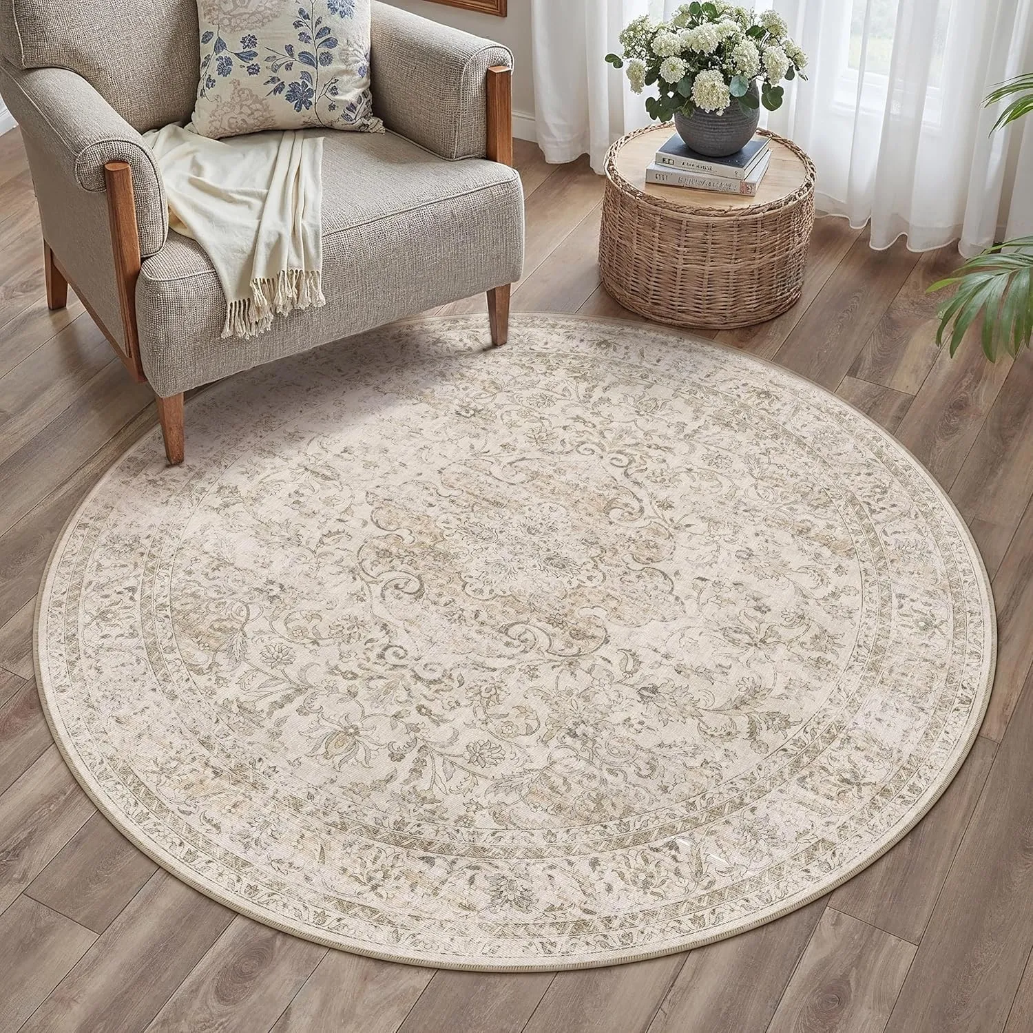 HUGEAR Vintage Teppich Rund 120cm Beige Waschbar | Waschbarer Runder Teppich,Rutschfester Kurzflor,für Wohnzimmer,Schla…
