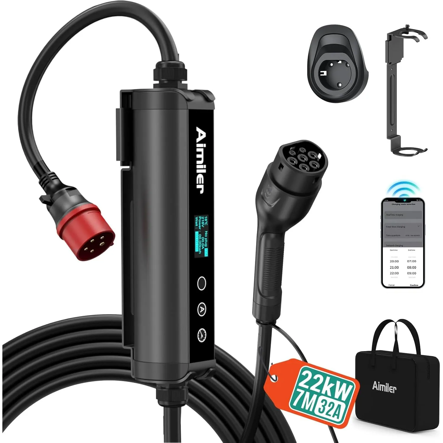 AIMILER Wallbox 22kW mit App, 400V (16-32A) 3 phasig 7,6M Mobile Ladestation CEE Typ 2 Ladekabel IP66 OLED EV Ladegerät…