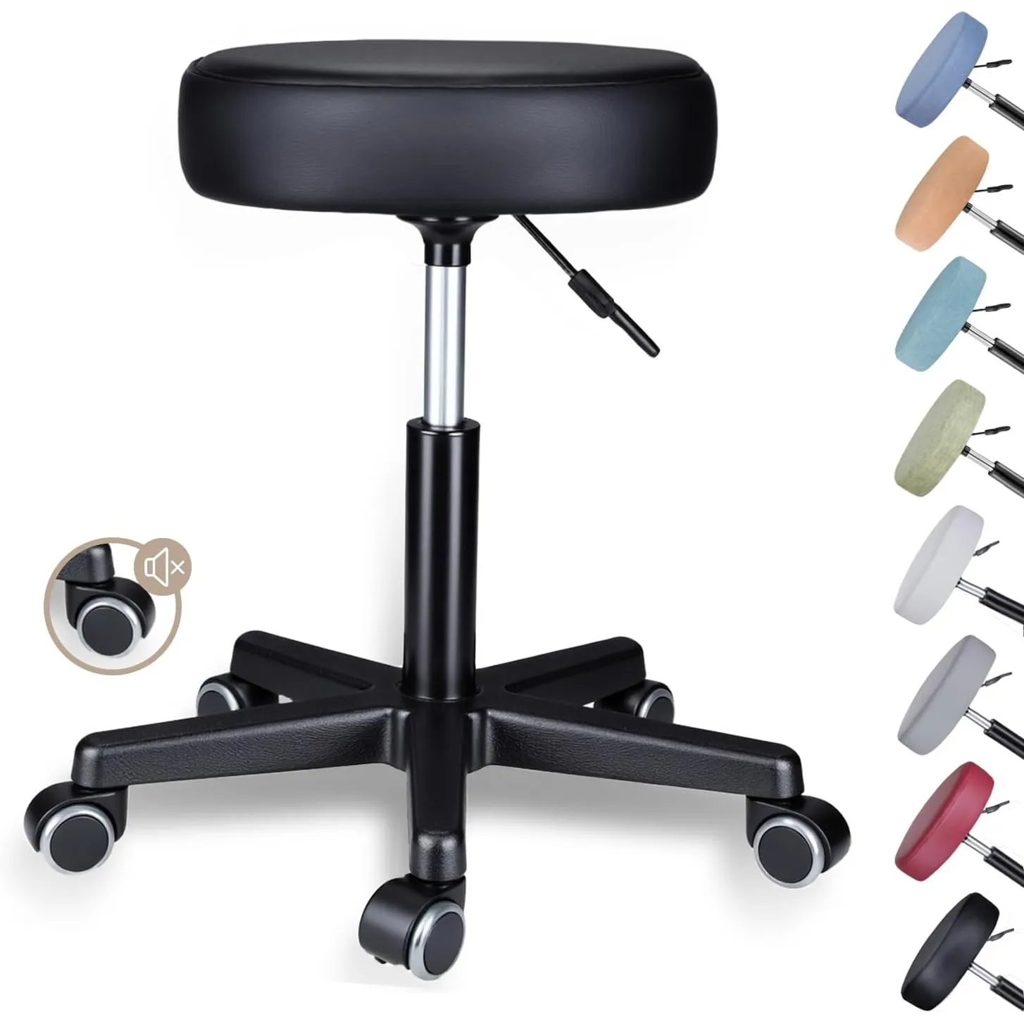 Zedelmaier Rollhocker höhenverstellbar, leise Rollen, 44–58 cm, Schwarz | Kunstleder, 10 cm Polster, bis 130 kg, 360° d…