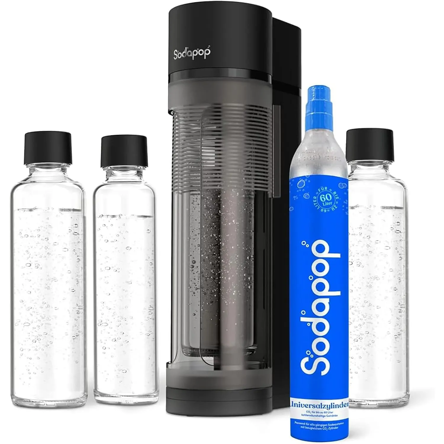 Sodapop Wassersprudler Logan, Set mit 3 Glasflaschen (2 × 850 ml und 1 × 600 ml) und 1 CO₂-Zylinder, Matt Schwarz, Höhe…