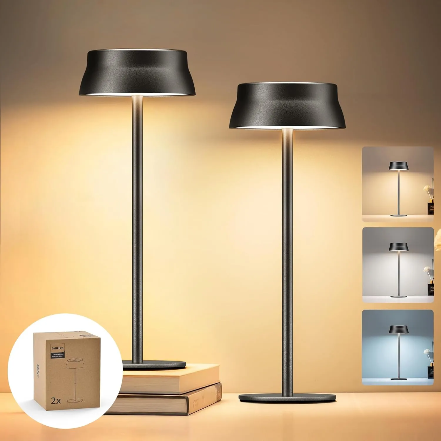 Philips Wireless Table Lamp, Pack of 2, Portable LED Battery Table Lamp with 2 Levels Height Adjustable, Touch Continuo…