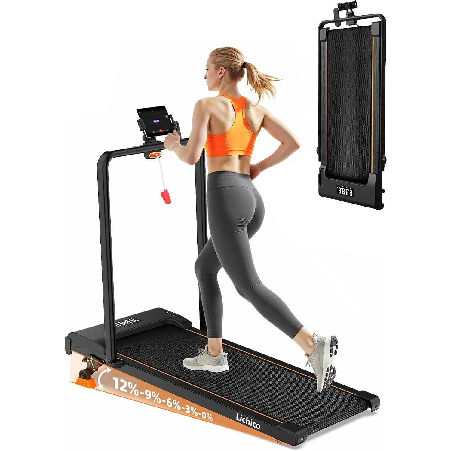 Lichico 3-in-1 Walking Pad mit 0-12% Steigung, Laufband für Zuhause Klein
